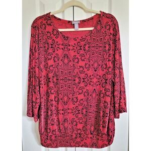 Chico's Travelers 2 Pullover Top Red/Black Abstract Print Long Sleeves Stretch‎